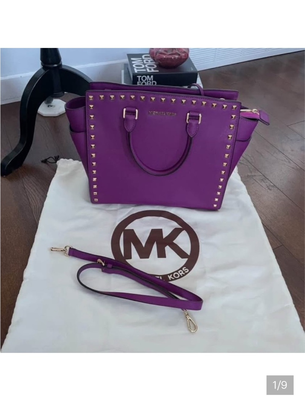 Michael Kors Saffino Purple Gold Studded Women's Tote Bag Satchel Purse Crossbod